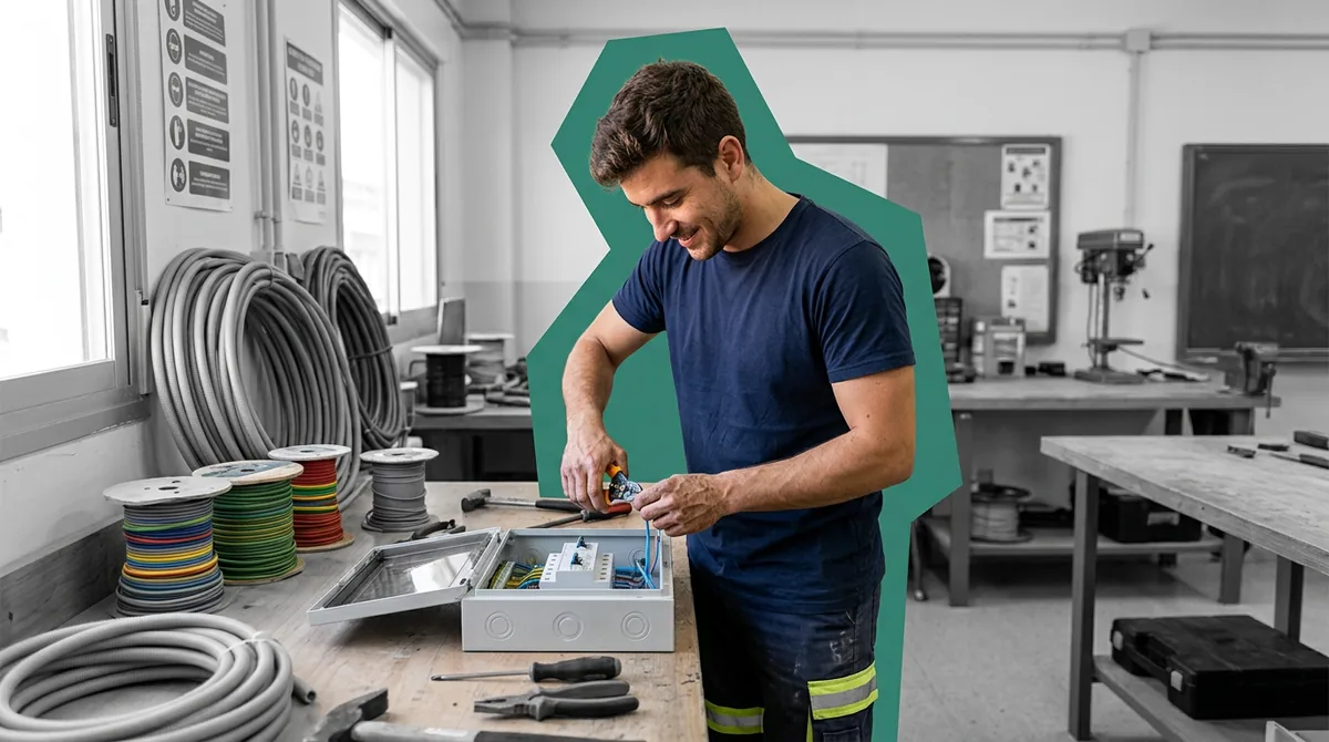 Alumno de Bootkämp montando un cuadro eléctrico en el taller